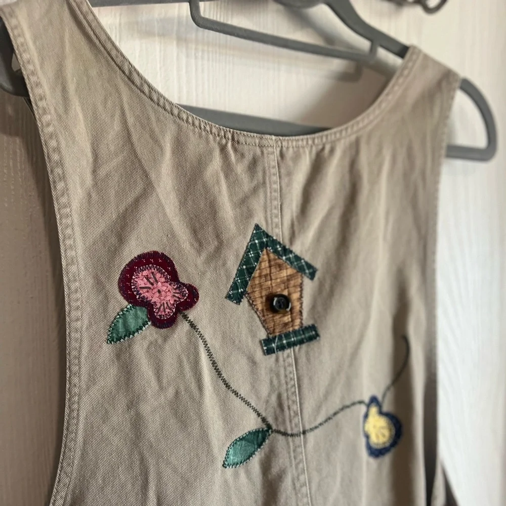 Vintage Haiks XL Patchwork Embroidered Bird House Floral Beige Overalls. - Picture 8 of 12